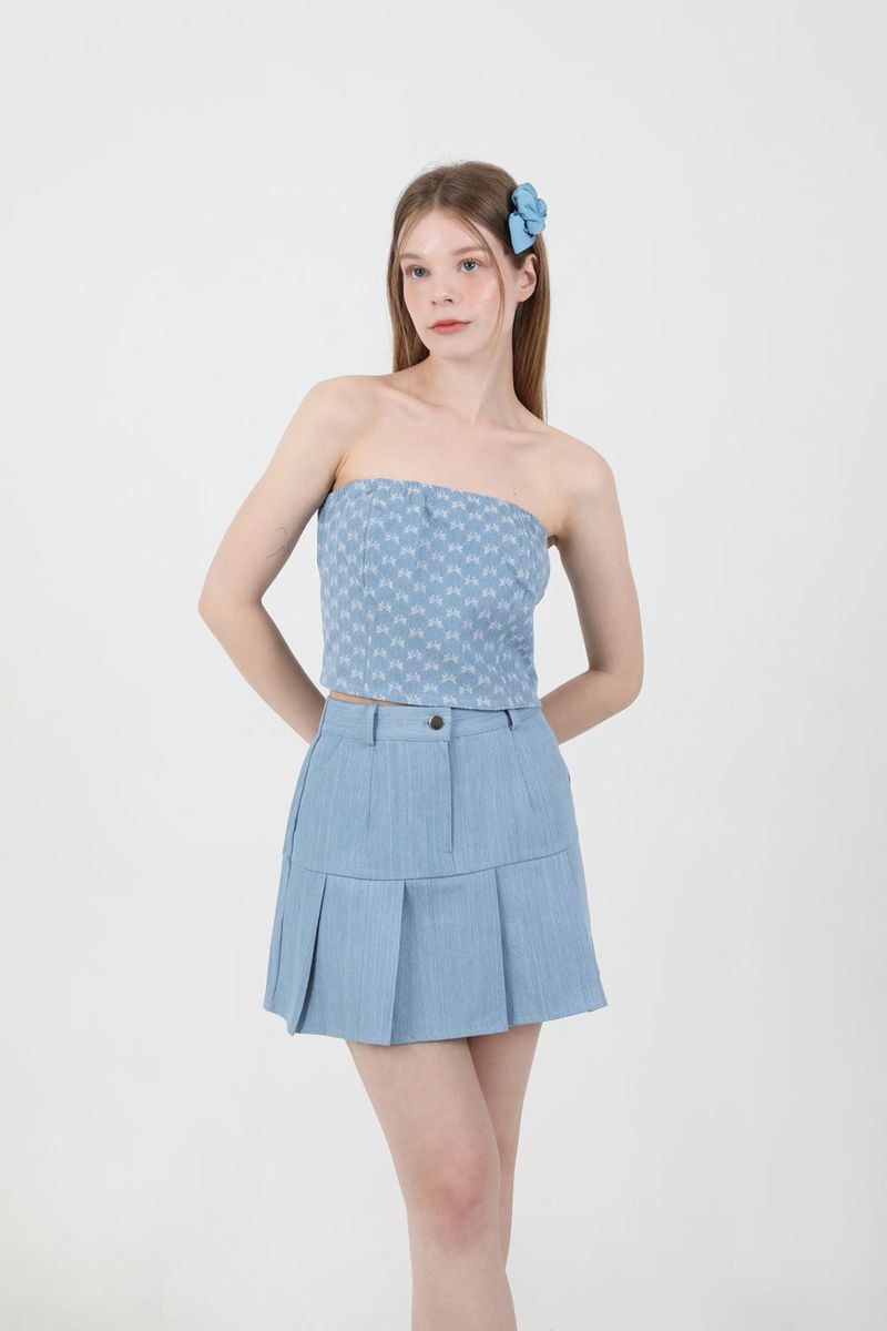 Denim Ribbon Crop Top Light Blue