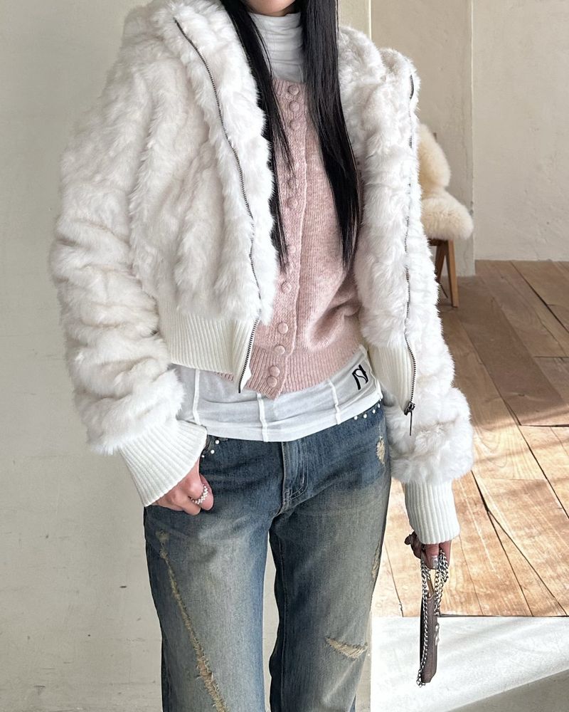 Bunny Cropped Fur Hooded Jumper