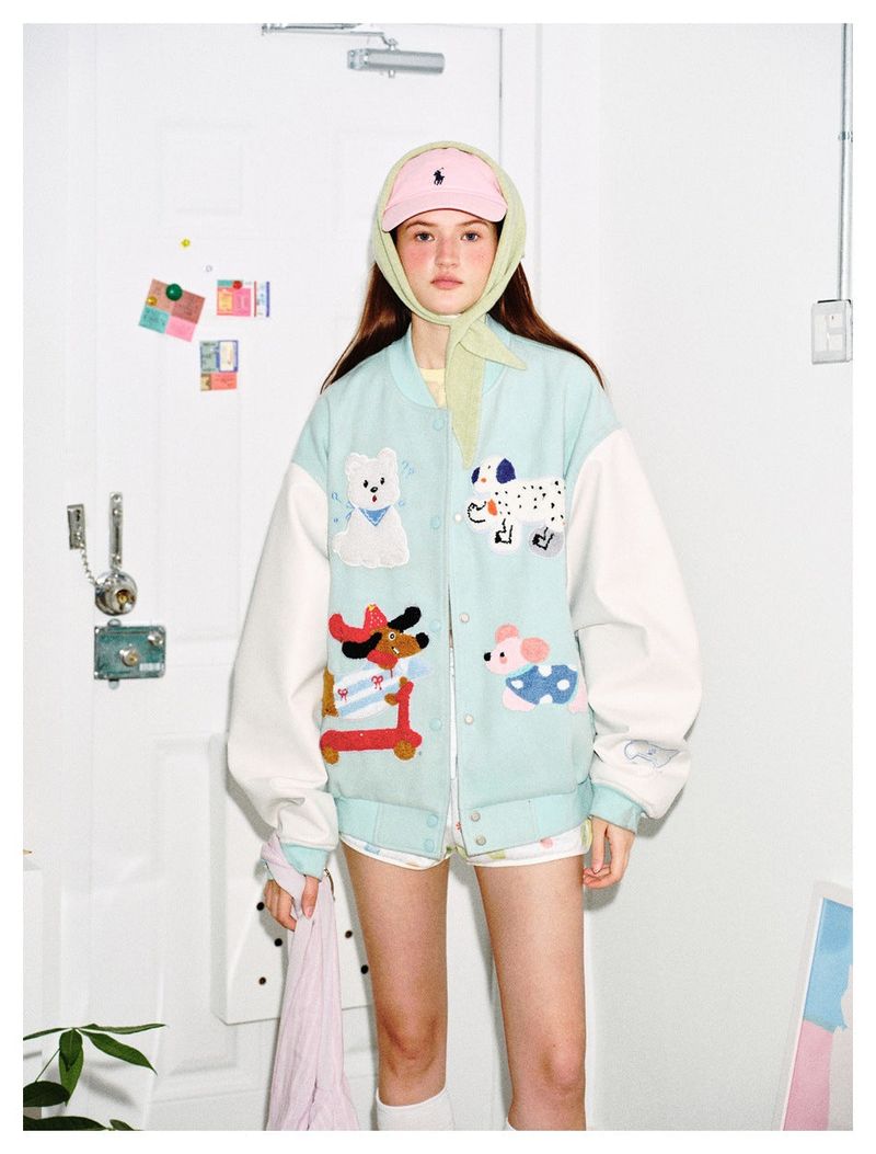 Preppy Accent Mint Cartoon Embroidered Varsity Jacket