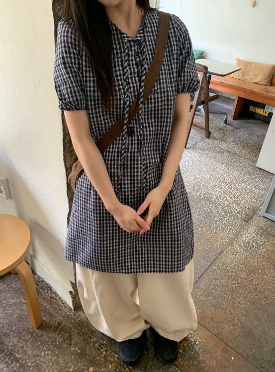 Zimo Check Button Puff Short Sleeve One Piece
