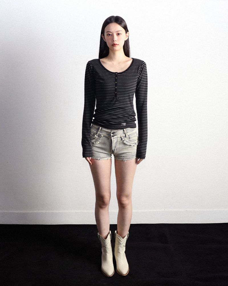 Henley Neck Long Sleeve Stripe Black
