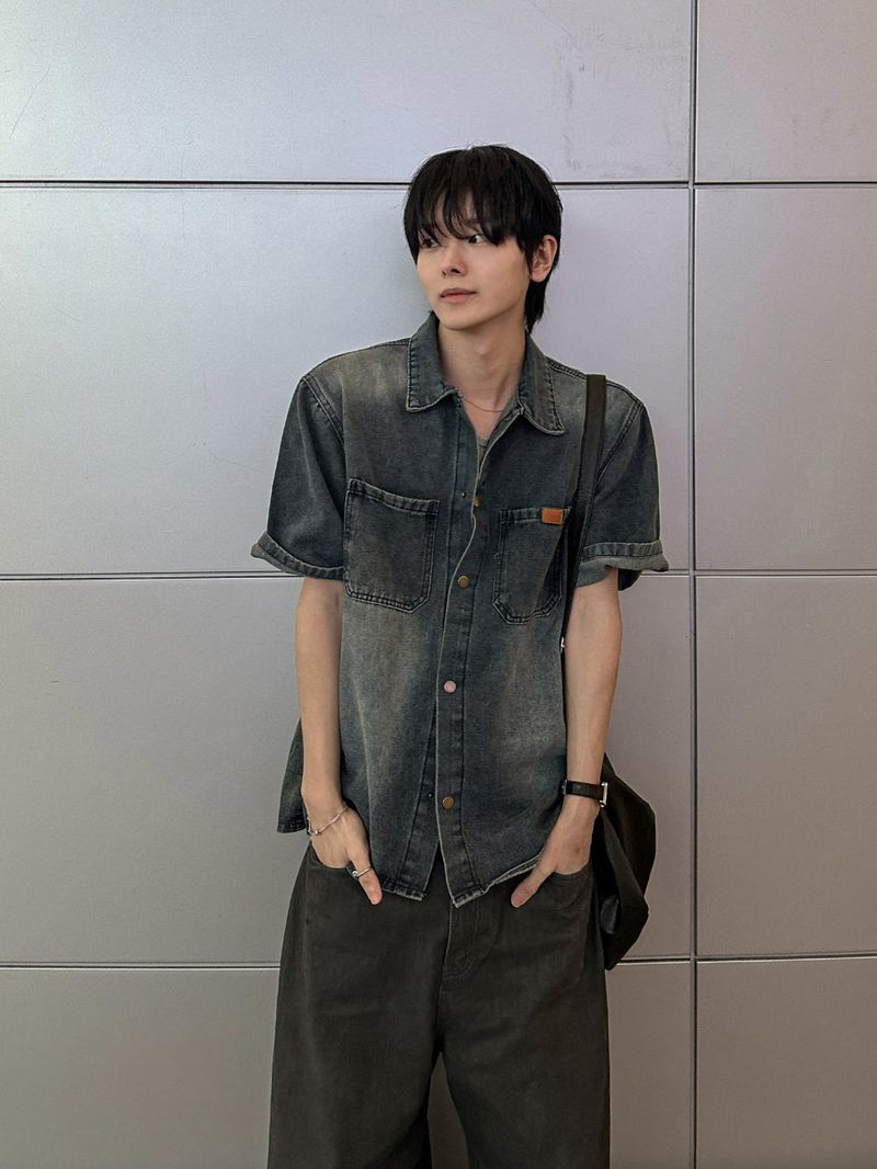 Snap Washed Label Denim Shirt