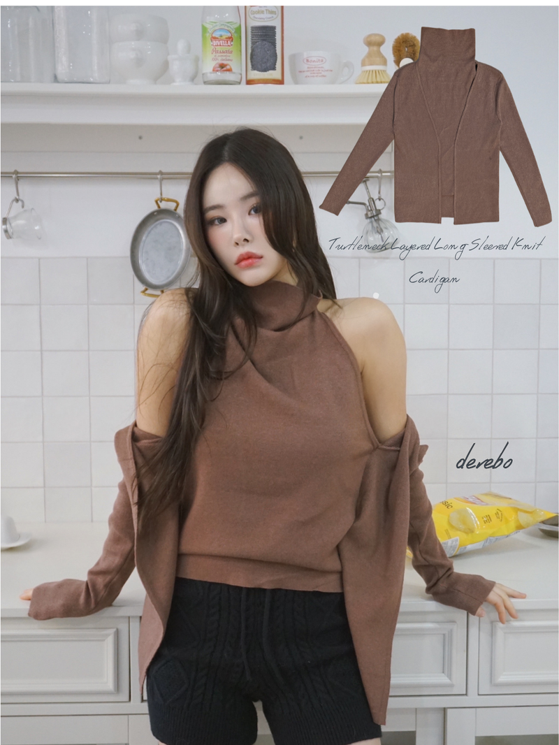 Turtleneck Layered Long-Sleeved Knit Cardigan