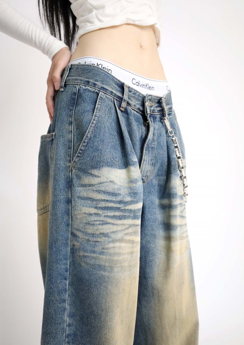 (UNISEX)Mud-Washed Wide Denim Pants