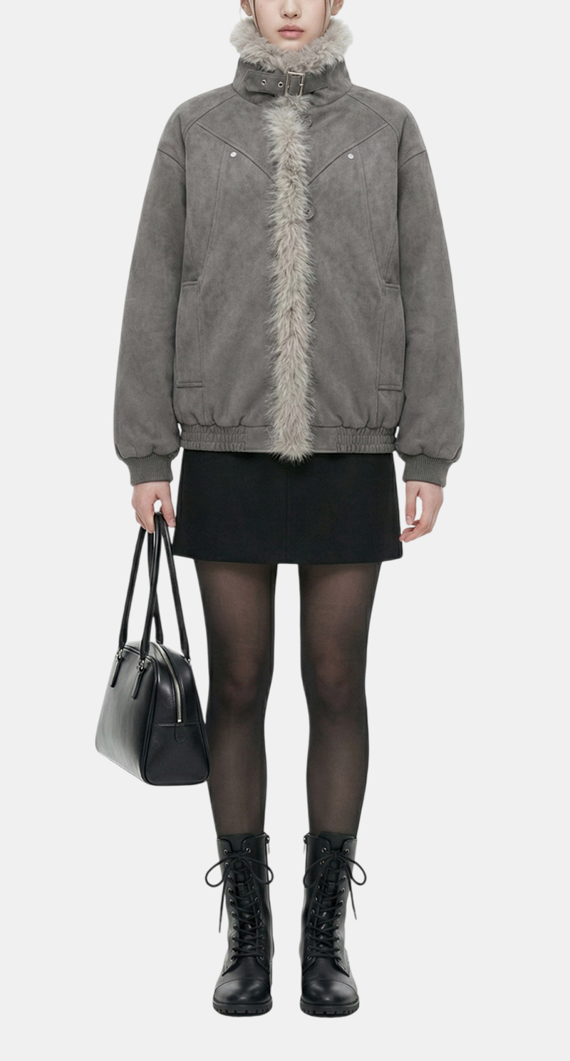 Aaron High-Neck Fur-Trim Short Mustang