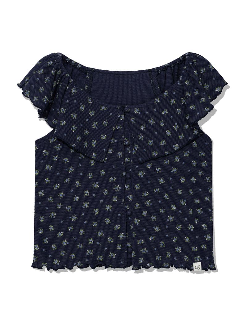 RUFFLE FLOWER BLOUSE(NAVY)