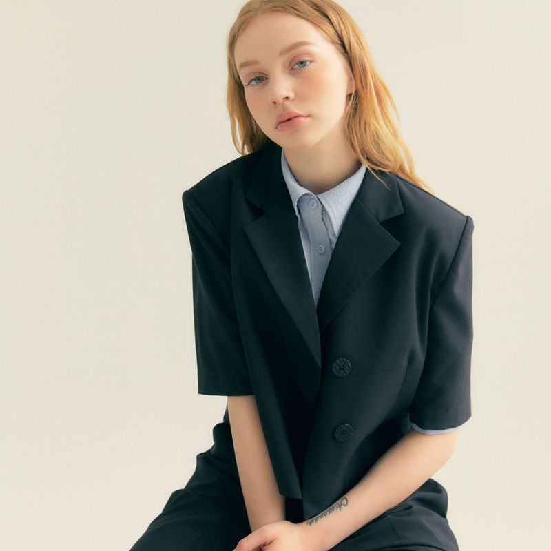 Crop Unbal Half Sleeve Jacket (Black)