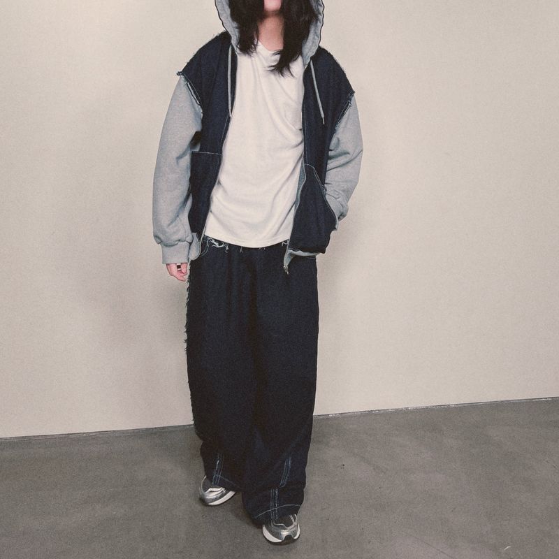 layered deconstructed denim pants_blue