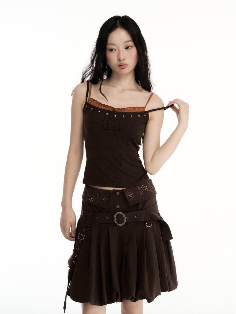 CONFUN Wool Color-Contrasting Fake Two-Piece Earflap Embroidered Bezel Beaded Collar Top