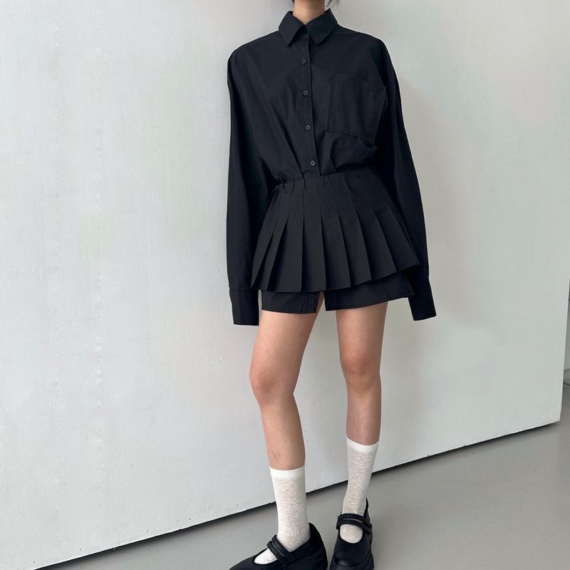 Pleated Wrap Shirt Set - 2colors