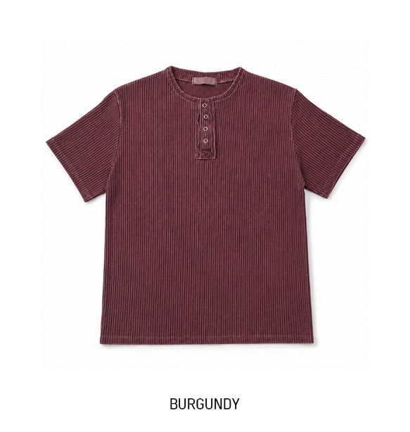 Wheat Pigment Rib Muscle Henley Neck Short Sleeve T-shirt