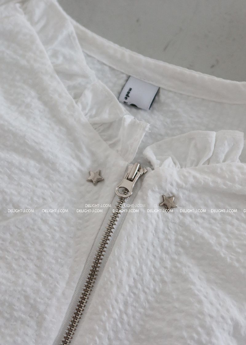 Star Patch Shirring Zip-Up Blouse