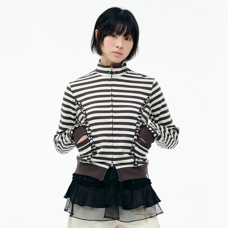 TUOMIO（トゥオミオ）の「STRIPE RUFFLE JERSEY ZIP-UP [CHARCOAL]（Jackets/Outerwear）」