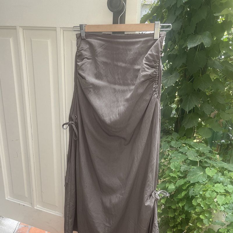 [MADE] Kishi eyelet ribbon shirring pocket Nylon long skirt
