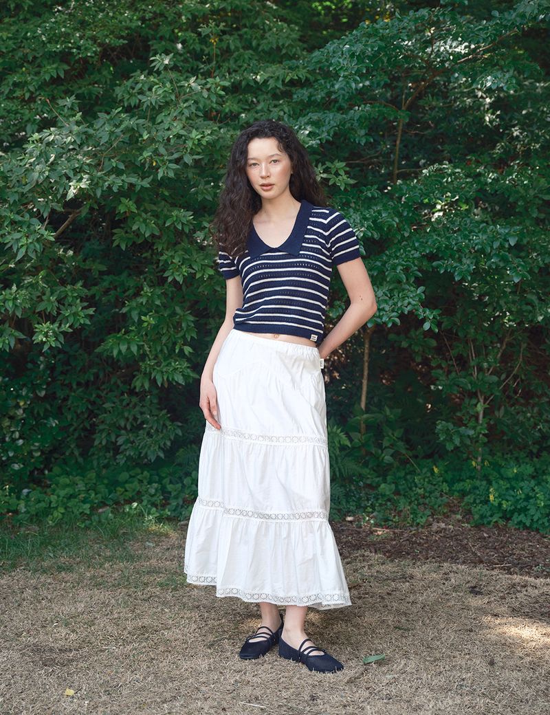 Stripe Deep V Collar Knit Top_Navy