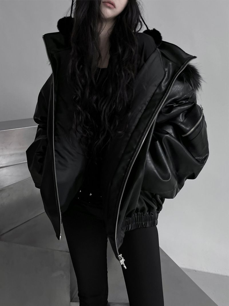 overfit fur hood leather jacket