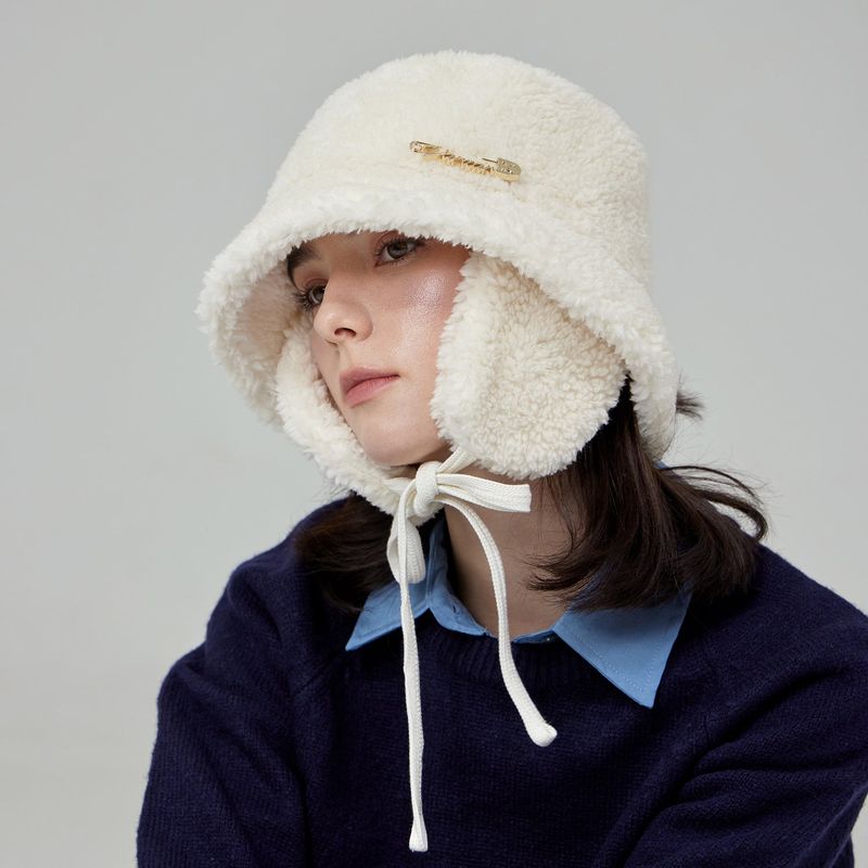 VARZAR Safety Pin Sherpa Fur Flap Bucket Hat / Ivory
