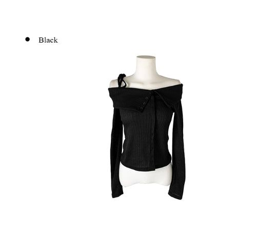 Cashier Button Off-Shoulder Unbalance Ribbon Knit