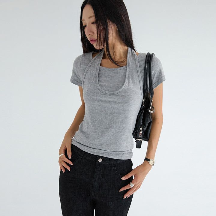 [Royen] Halter-Neck Layered Short-Sleeve T-Shirt - 3 Colors