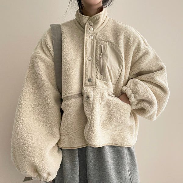 Acet Color High-Neck Soft Wool Zipper Snap Jacket