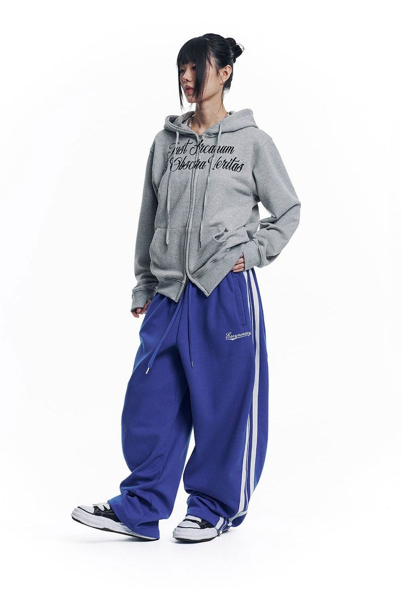Lettering Embroidered Hoodie Zip-Up - Gray