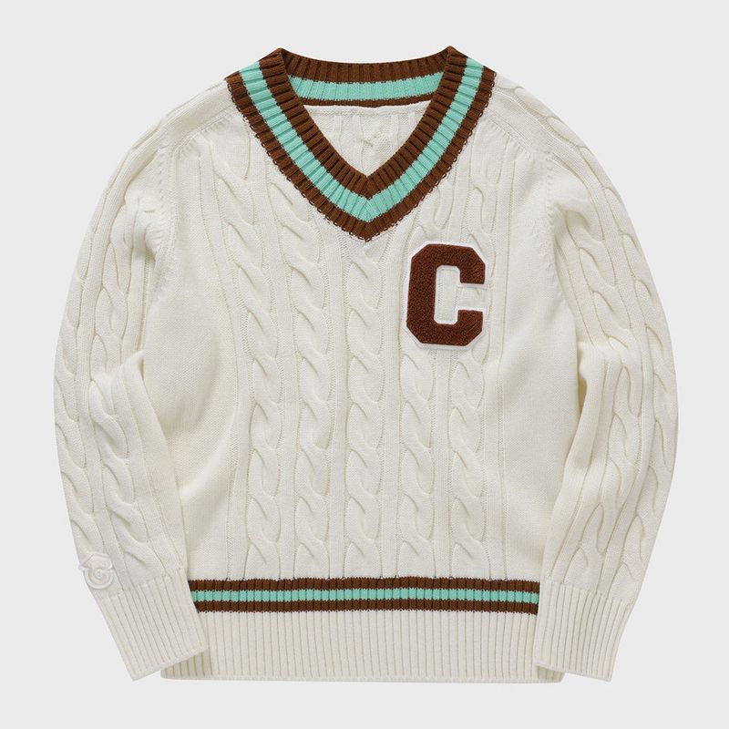 CONCEPT COLLEGE（コンセプトカレッジ）の「ブラウンCワッペン ミントラインVネックニット・アイボリー［ユニセックス］/ Brown C Patch Mint Line Ivory Unisex V-Neck（Tops）」