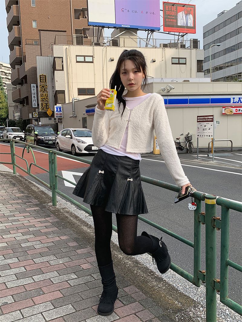 RIBBON FLARE LEATHER MINI SKIRT (2C)