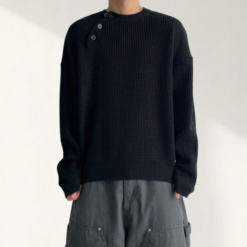 Nerly diagonal snap waffle henley neck knit