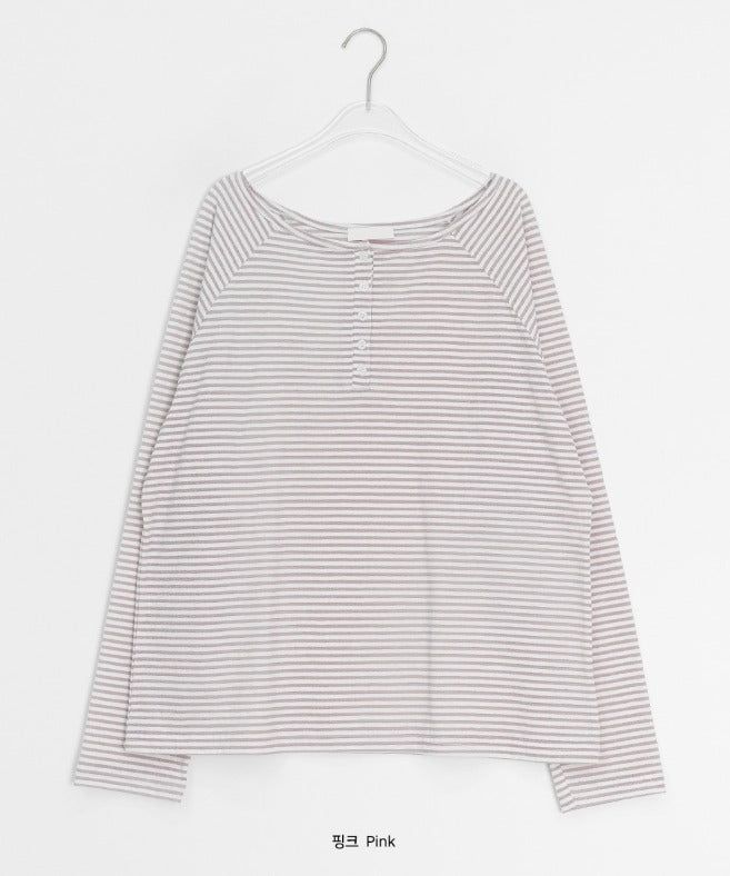 Dre Stripe Summer Button Off-Shoulder Long Sleeve Tee