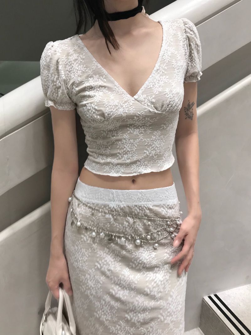 French Garden Lace Deep V-neck Puff Sleeve TOP & MIDI SKIRT SET 