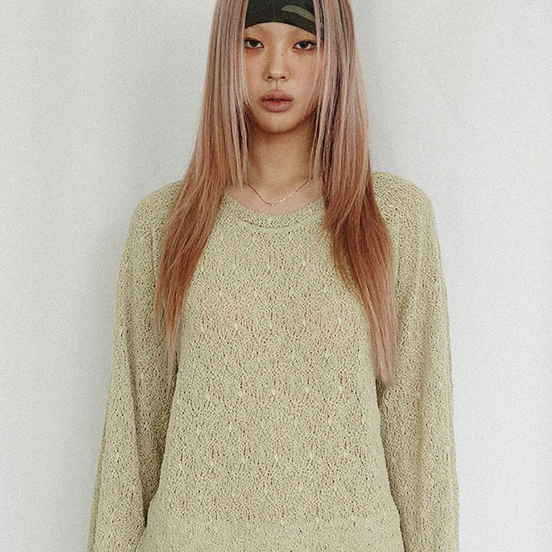 KOOKEESEE（クキシ）の「Net Raglan Knit Sleeve (yellowish green)（Tops）」