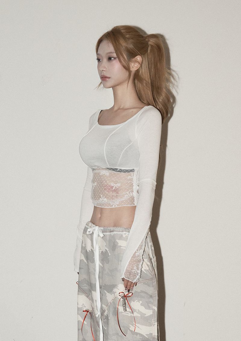 (3rd reorder) ribbon lace shirring sleeve - ivory