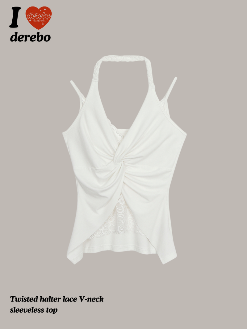 Twisted halter lace V-neck sleeveless top