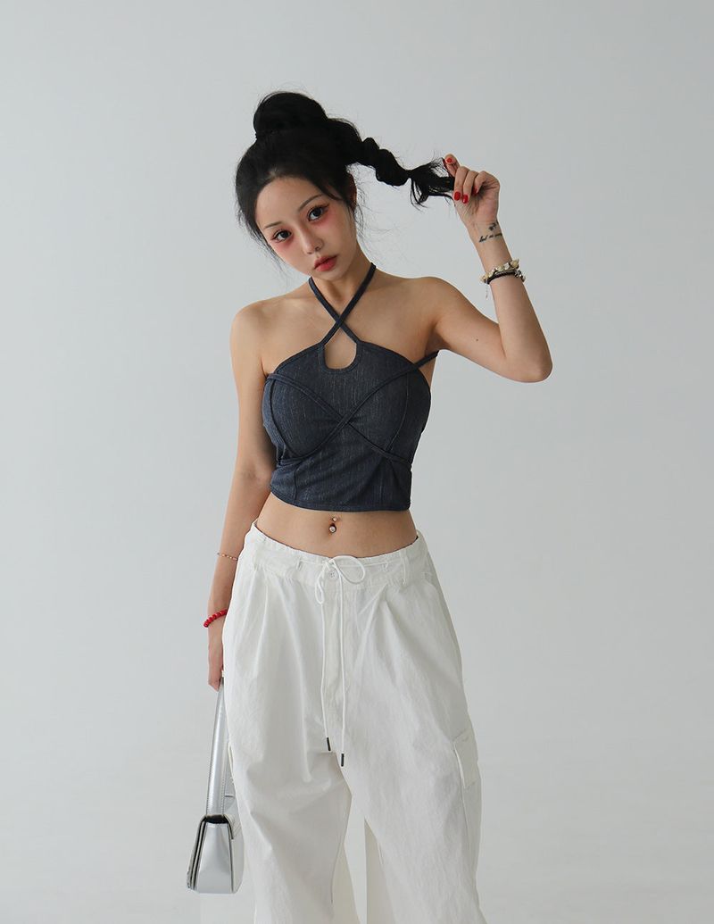 Halterneck Strap Denim Tube Top