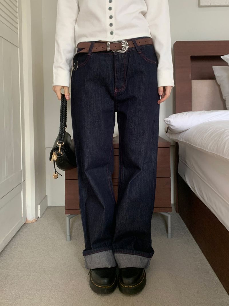 ペニーレッドステッチローワイドデニムパンツ