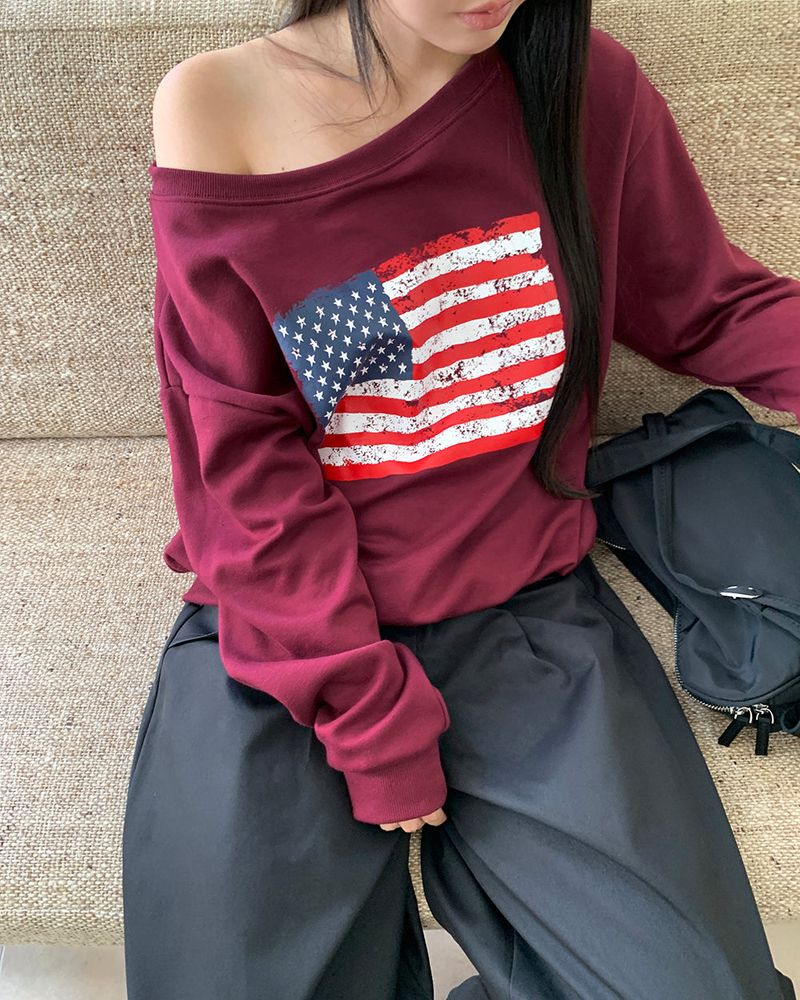 Murhit American Flag Printed One-Off Shoulder Long Sleeve Sweatshirt
