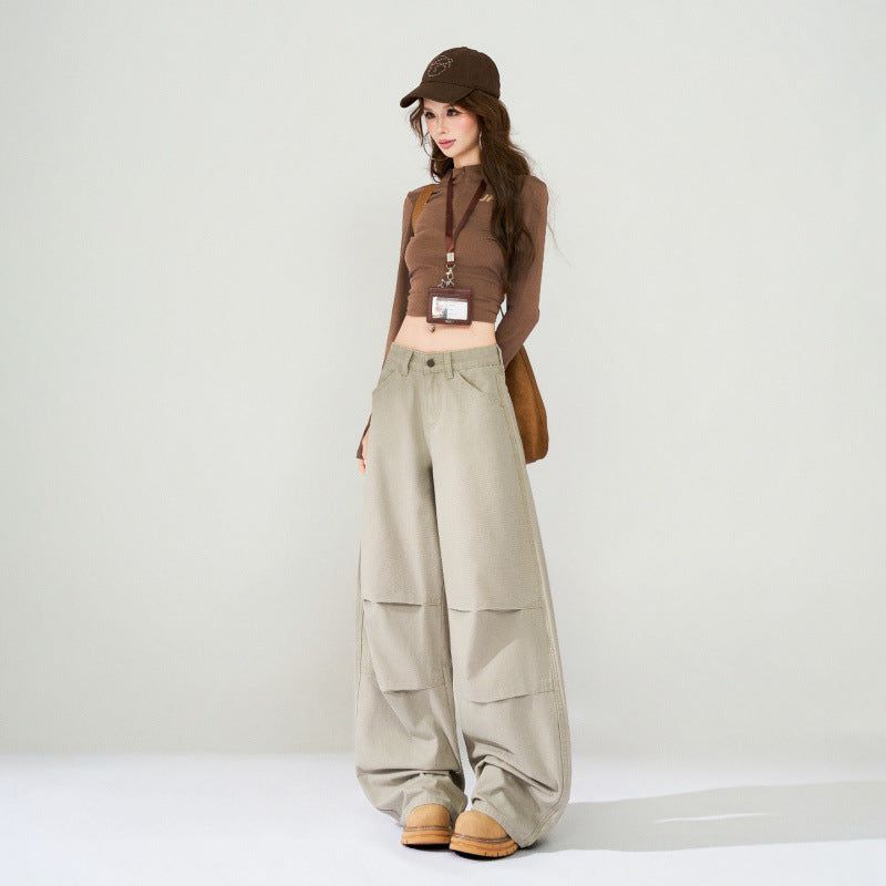 Light Brown Wash Fold Detail Wide Leg Jeans