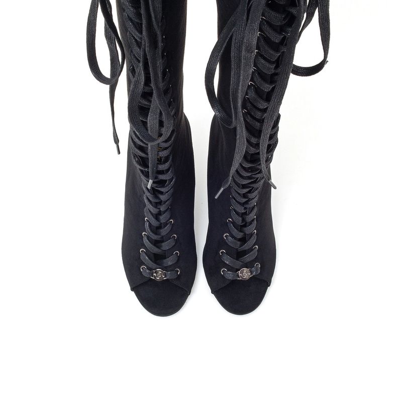 Suede Lace-Up Open Toe Boots Heel(Black)