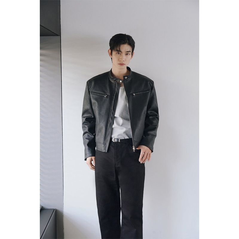 Essential cracked leather biker jacket(Black)