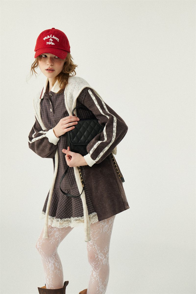 Lace Patchwork Check Sweatshirt Dress