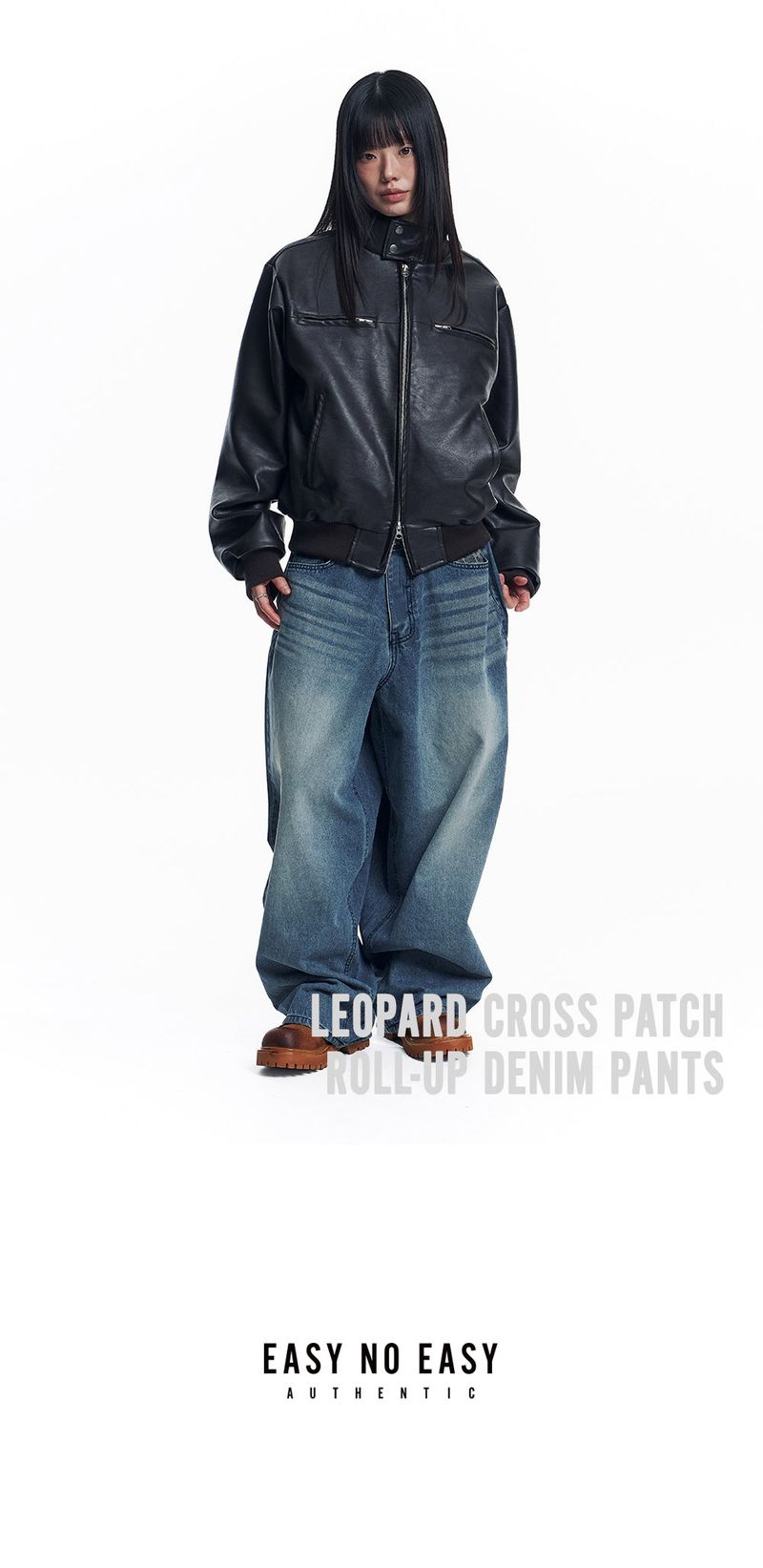 Leopard Cross Patch Roll-Up Denim Pants - Deep Blue
