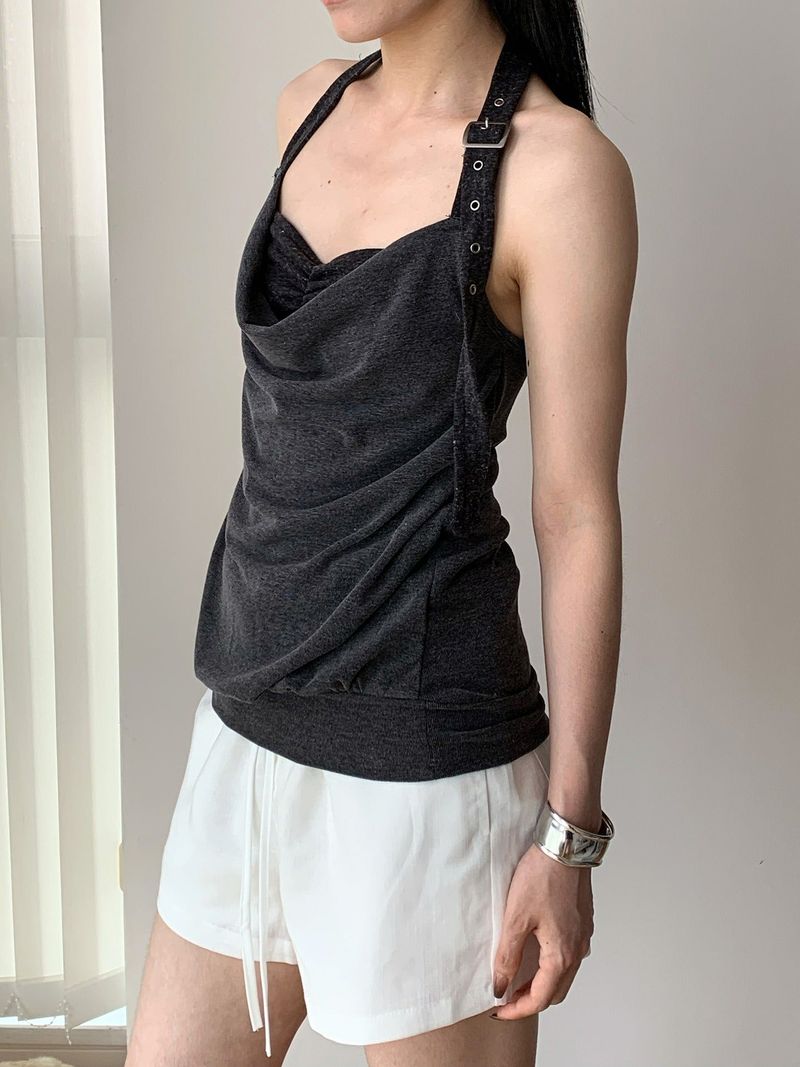 Buckle Halter Strap Sleeveless T-shirt