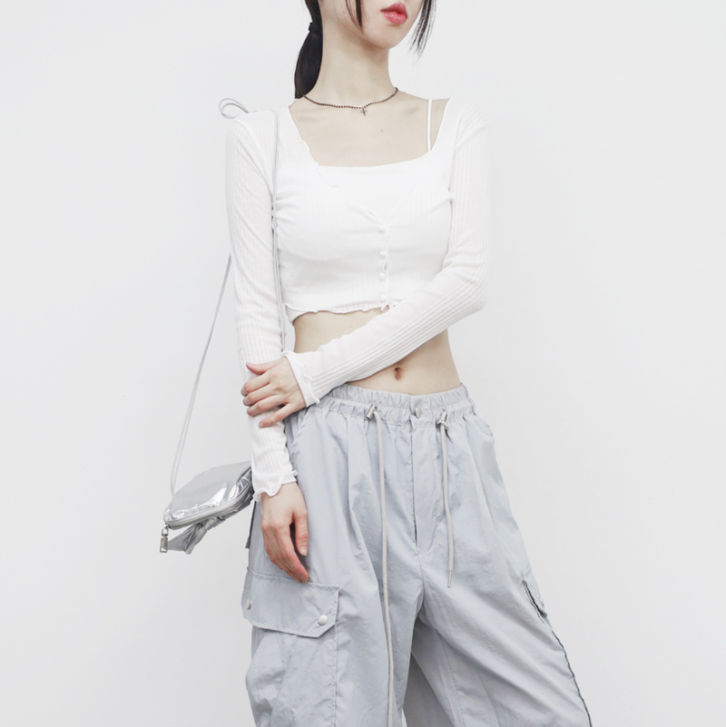 neck cropped ribbed cardigan