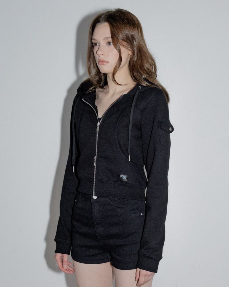 Cropped Hooded Zip-up Jacket All Black