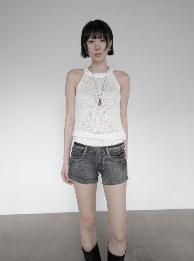 Fade pocket raw denim shorts