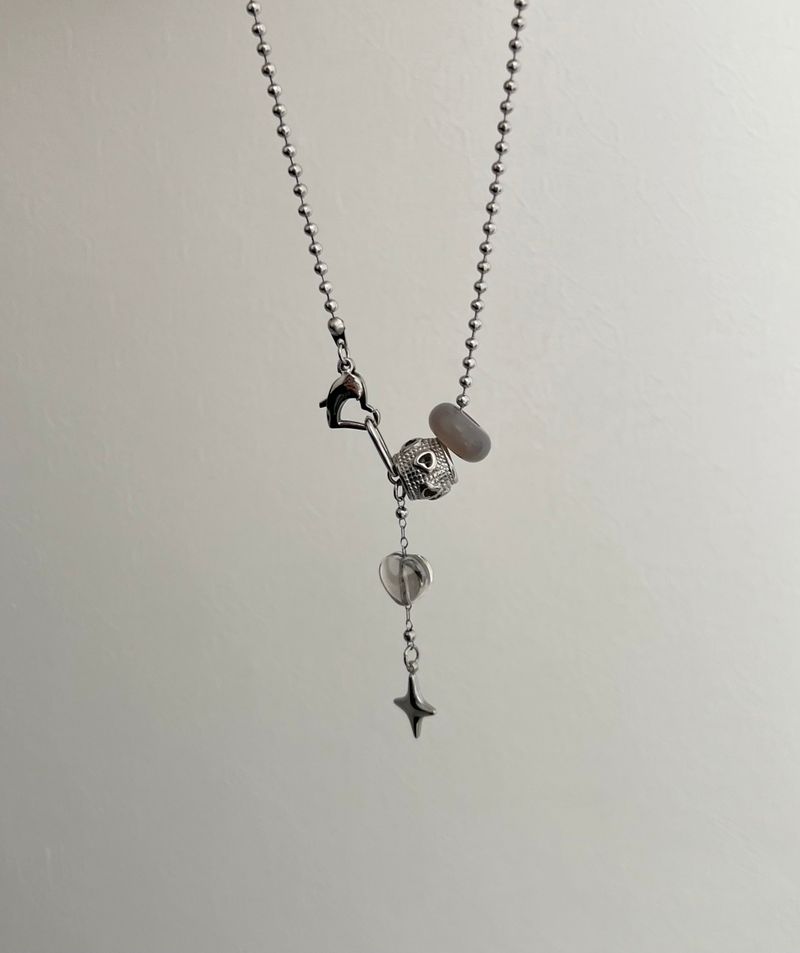 yio Gray gemstone heart Rondell star Surgical two way y Beads Bold Choker Short Layered Necklace