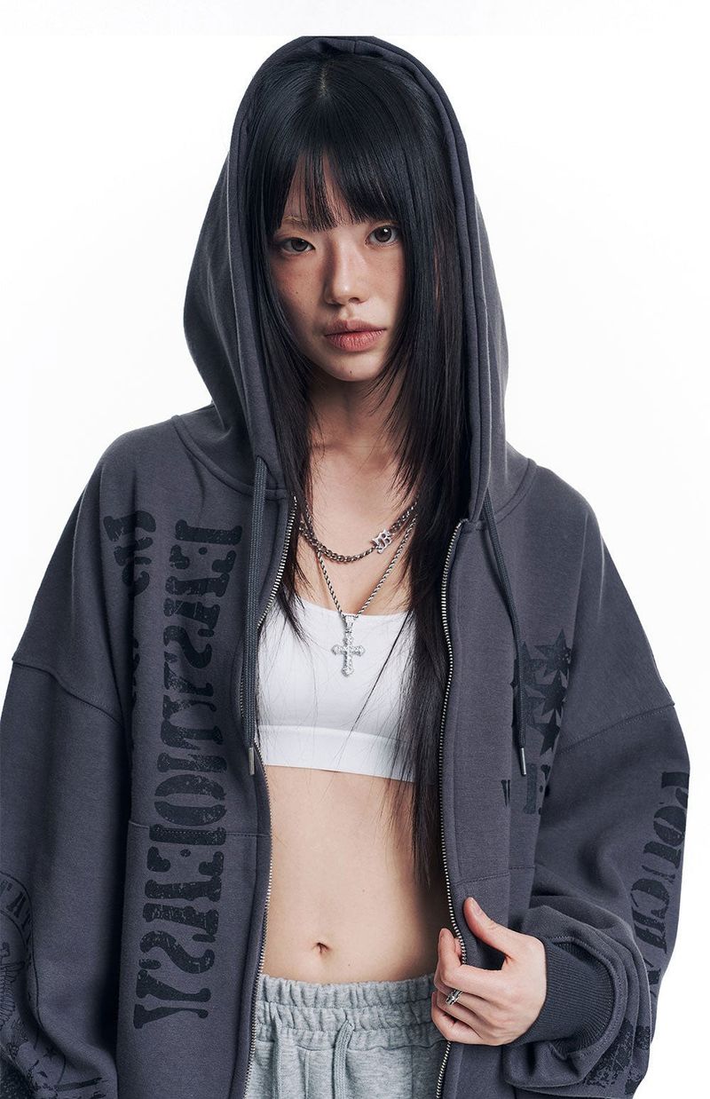 Marine Crack Print Hooded Zip-Up - Charcoal