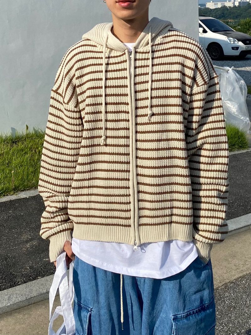 Stripe knit hooded zip up 3C