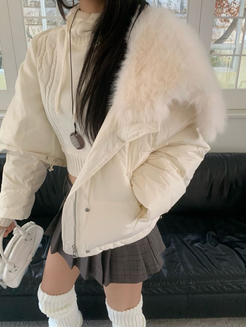 Ice Bloom Fur-Collar Duck Down Short Puffer