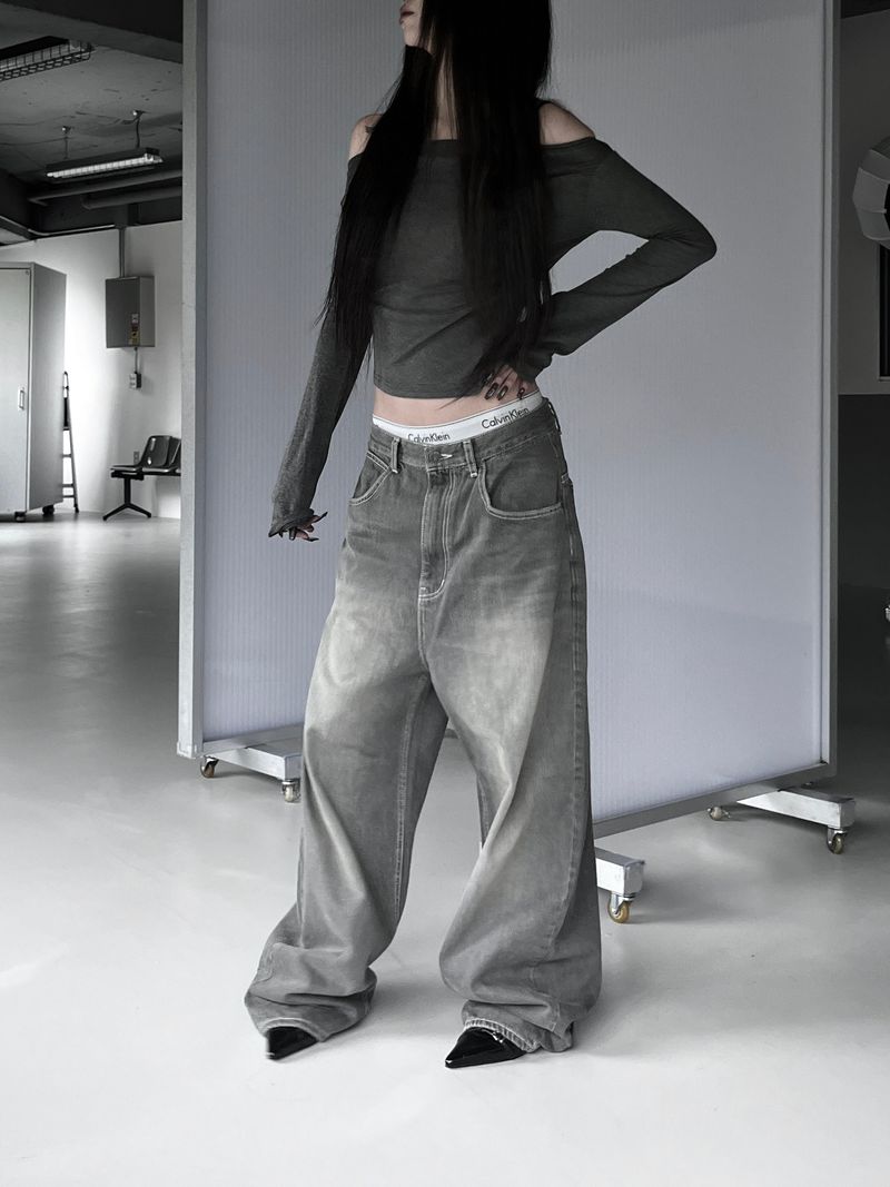 gray shirring washed denim